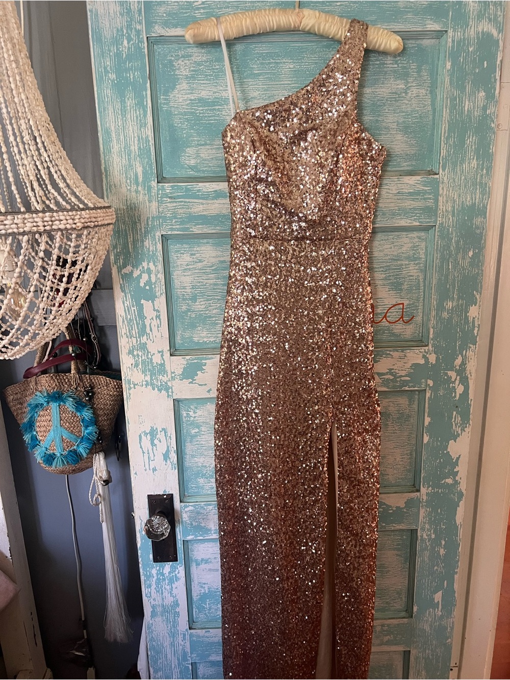Gold sequin bridesmaid maxi dress, one shoulder after Party prom black tie ready